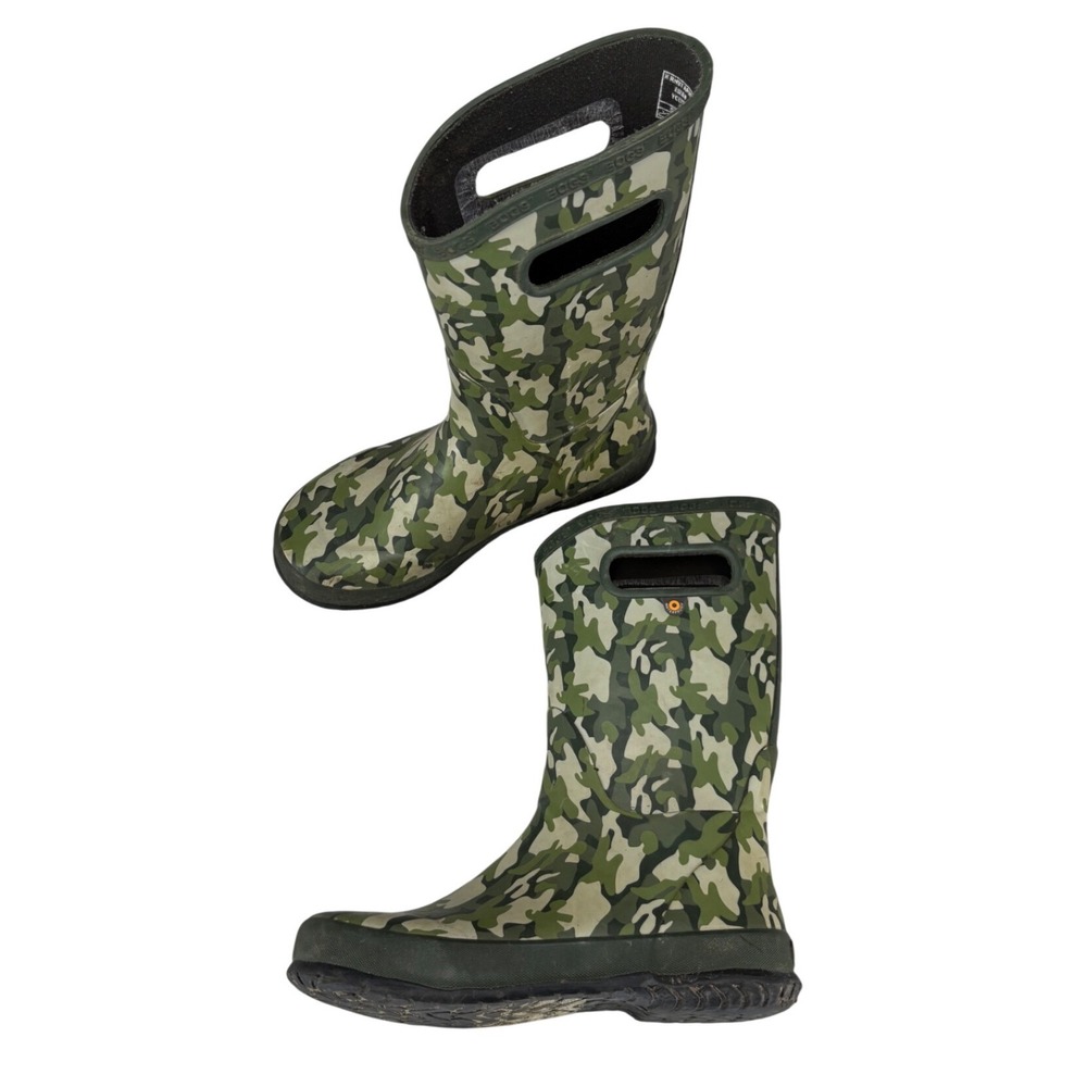 Bogs Kids Rain Boots Army Camo Green Rubber Waterproof Pull On Youth Size 4